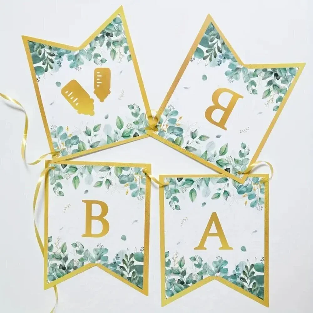 Baby Shower Banner Set - Welcome Baby Golden Foil Pennant Flags